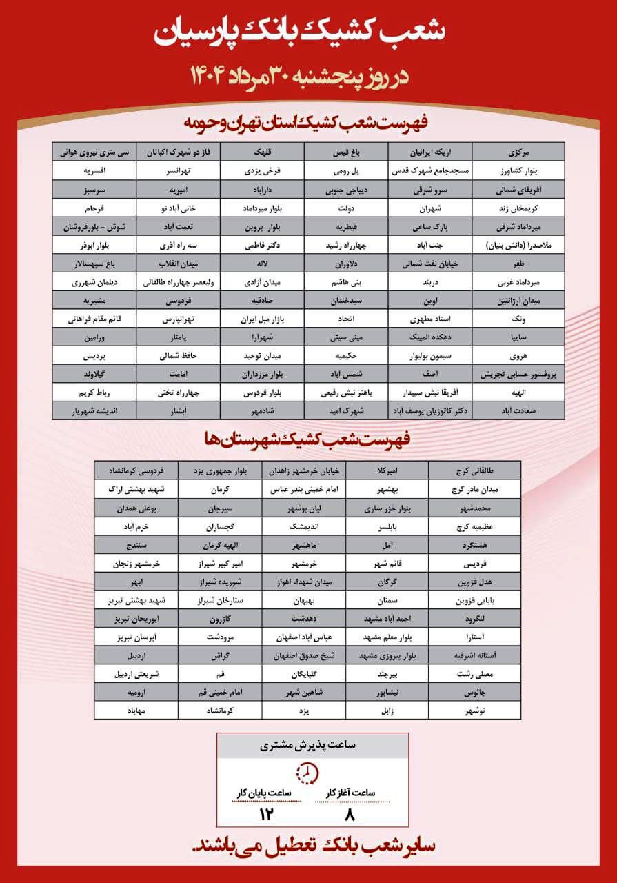 فهرست شعب کشیک بانک پارسیان در روز پنج‌شنبه مورخ ۳۰ مردادماه